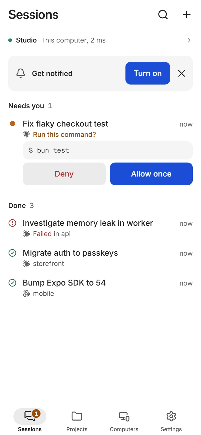 The phone app’s sessions: one waiting for approval to run bun test, with Deny and Allow once, and three done