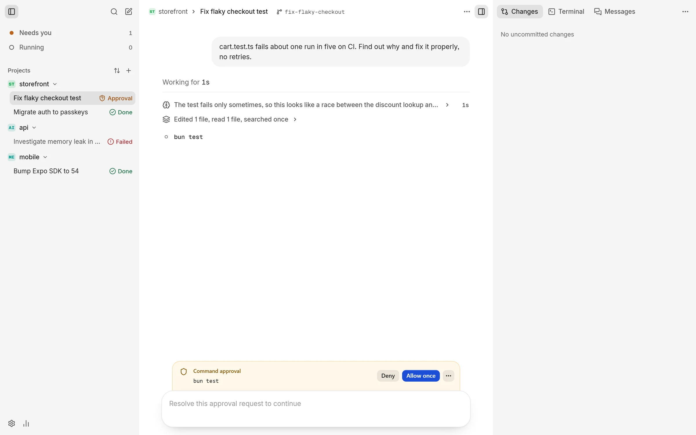 The Anvil window: a Claude Code session in the storefront project, waiting for approval to run bun test